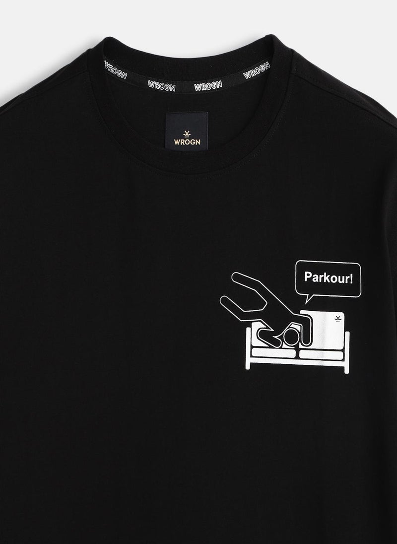 Wrogn Placement Print Oversized Fit T-Shirt | Black - Image 3